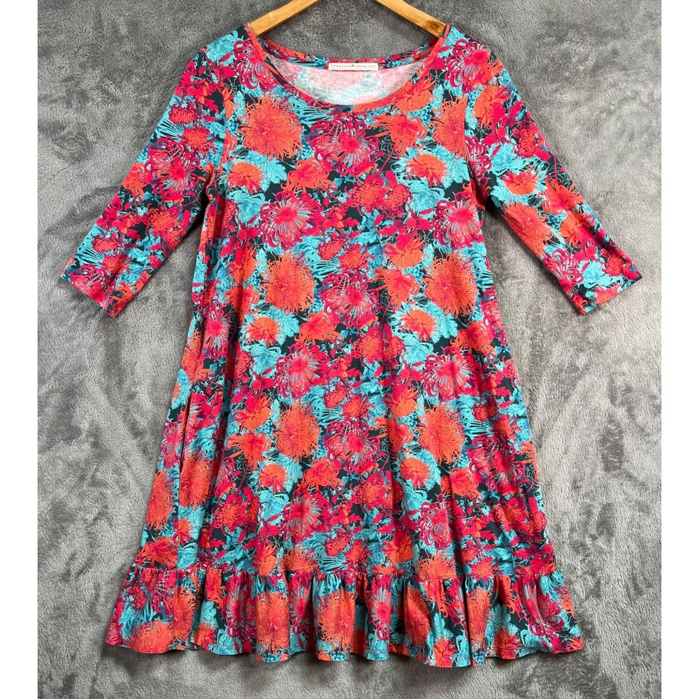 Peruvian Connection Pima Cotton Dress Small Floral Flounced Hem Pockets